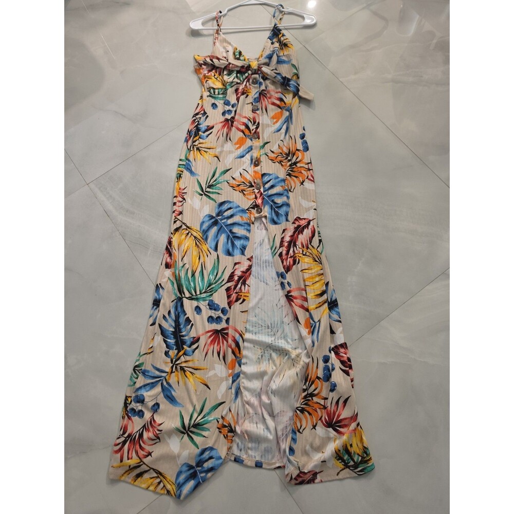 Blashs Tropical Floral Ribbed Maxi Dress L V-Neck Tie Front Button Details